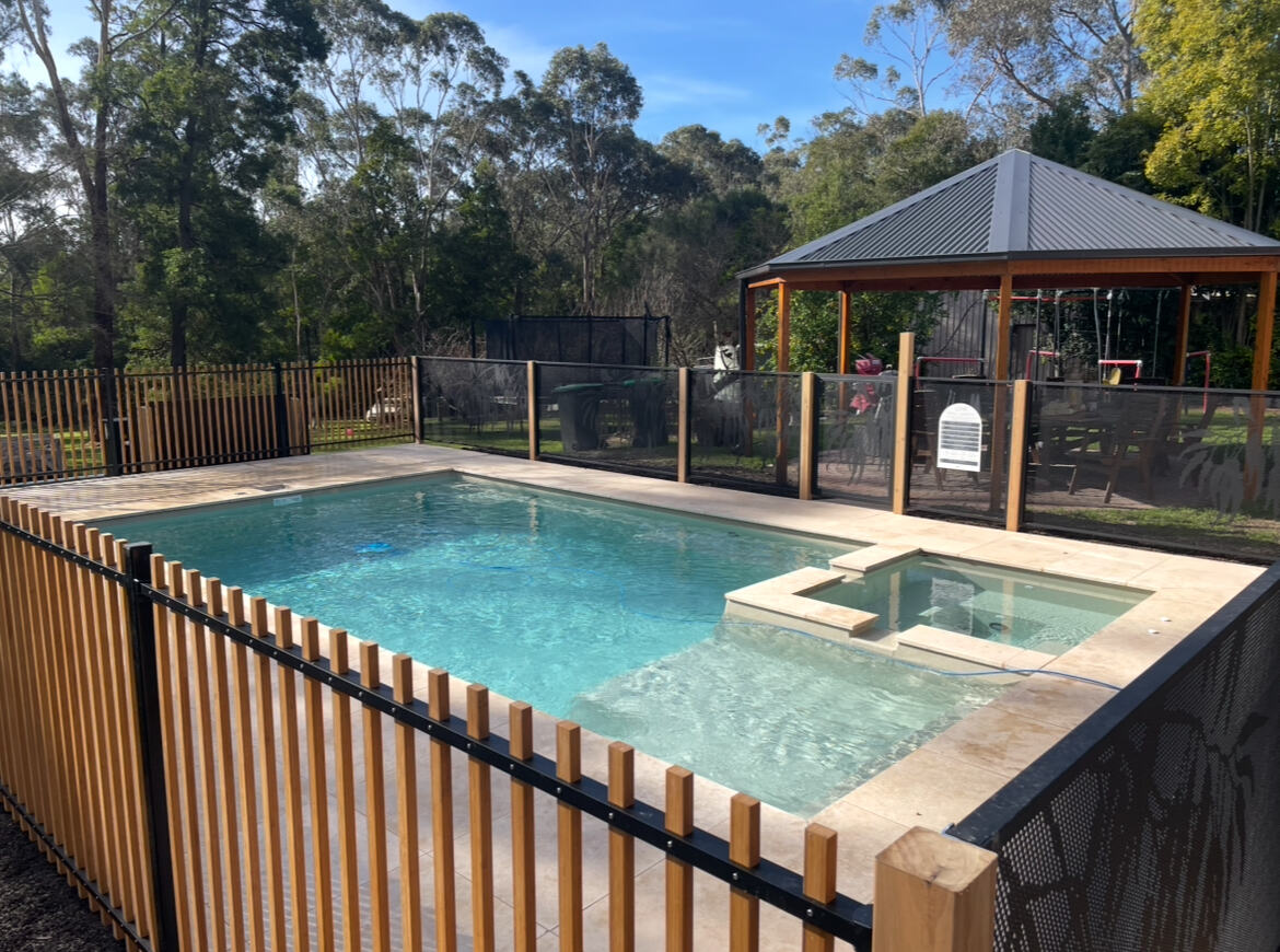 Gum design pool fencing in Textured Monument around a plunge pool and gazebo, Victoria
